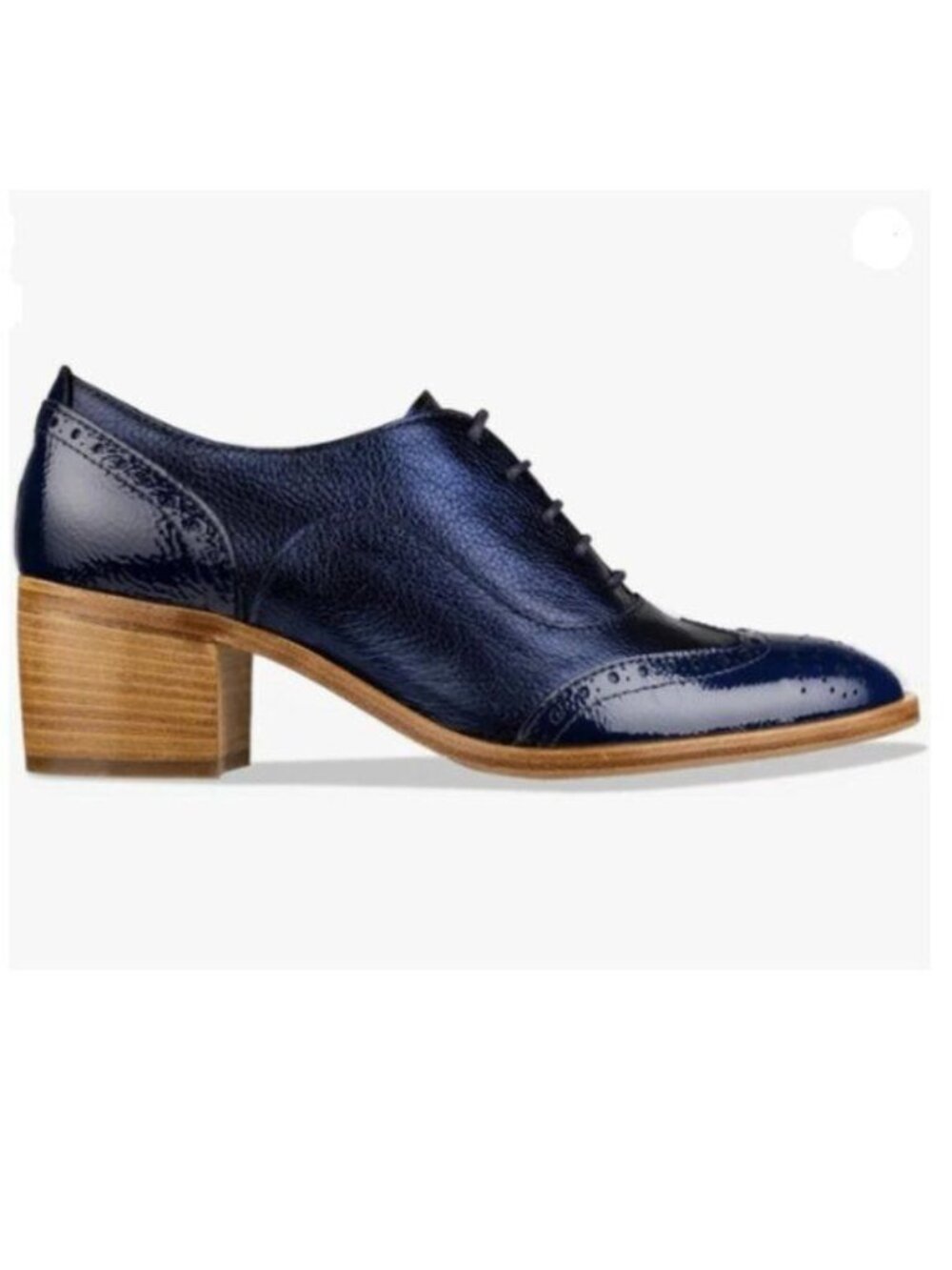 FOWT Women's Perforated Lace-Up Oxfords Almond Toe Mid Chunky Heel Derby Blue